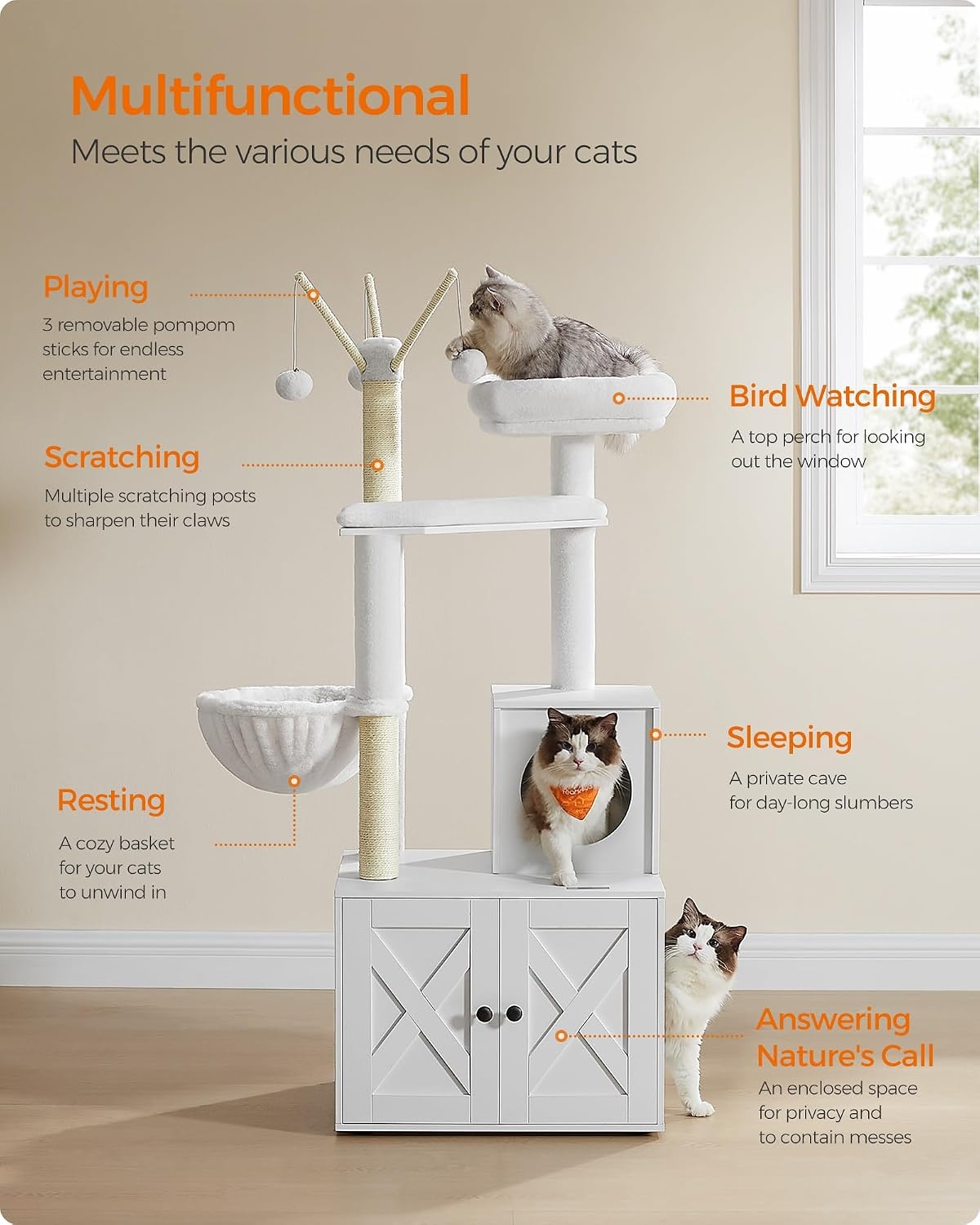 image:imageFeandrea Cat Tree with Litter Box Enclosure 59Inch 2in1 CondoCloud White