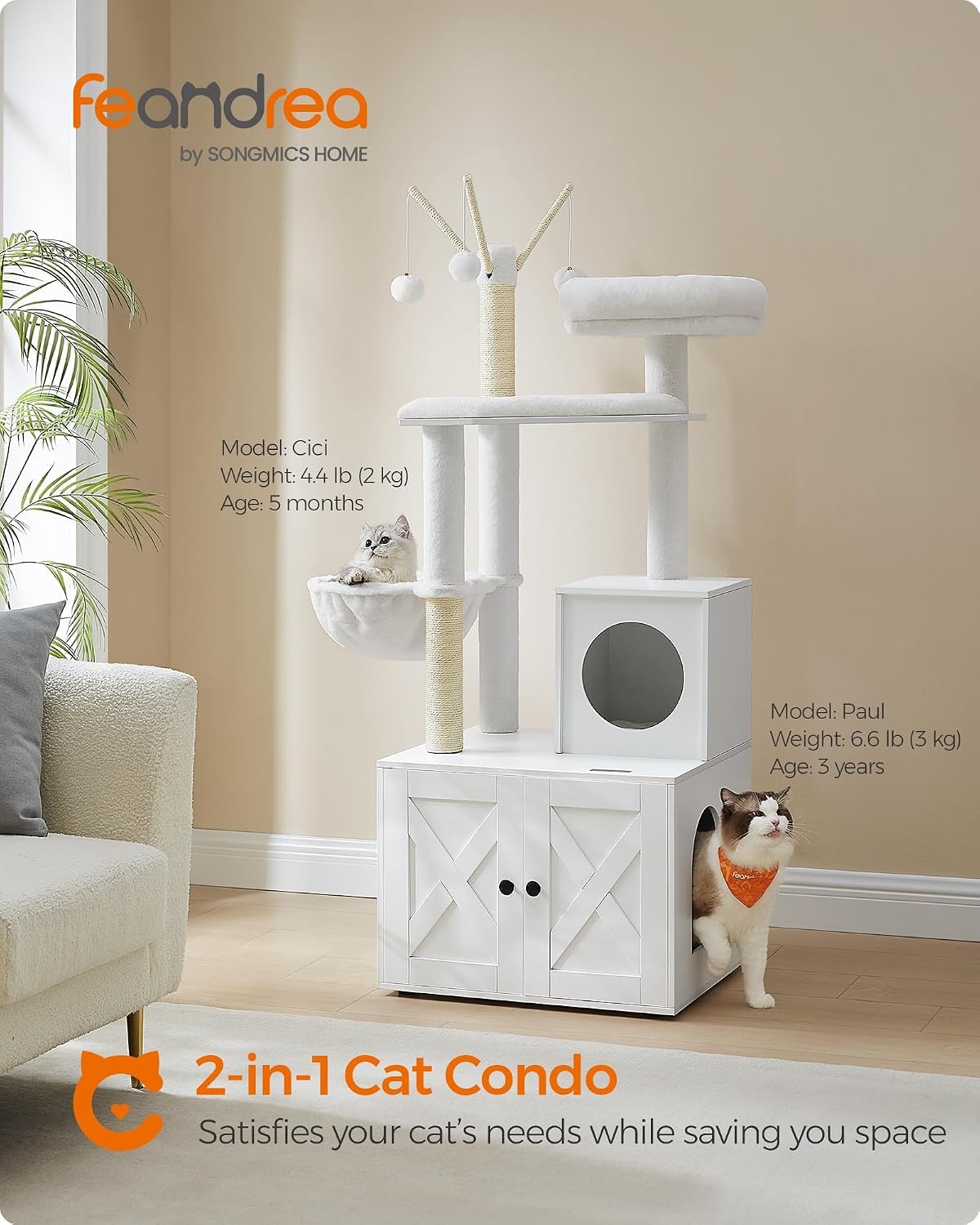 image:imageFeandrea Cat Tree with Litter Box Enclosure 59Inch 2in1 CondoCloud White