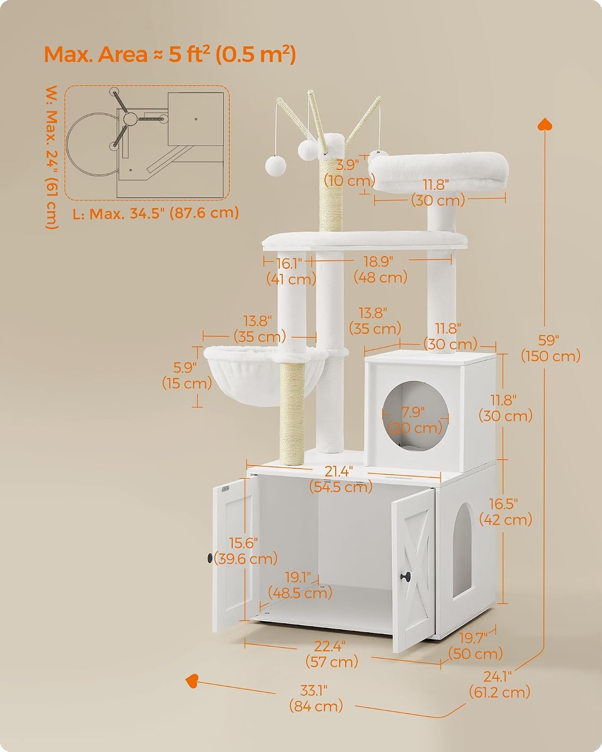 image:imageFeandrea Cat Tree with Litter Box Enclosure 59Inch 2in1 CondoCloud White