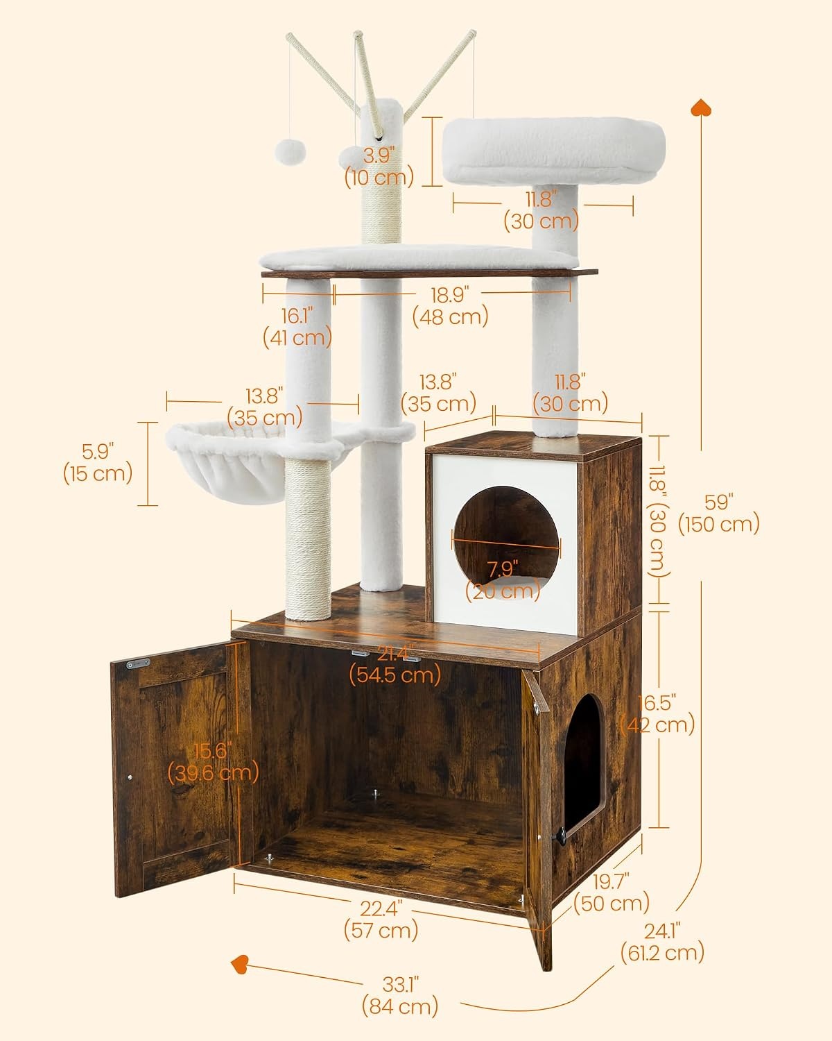 image:imageFeandrea Cat Tree with Litter Box Enclosure 59Inch 2in1 CondoRustic Brown