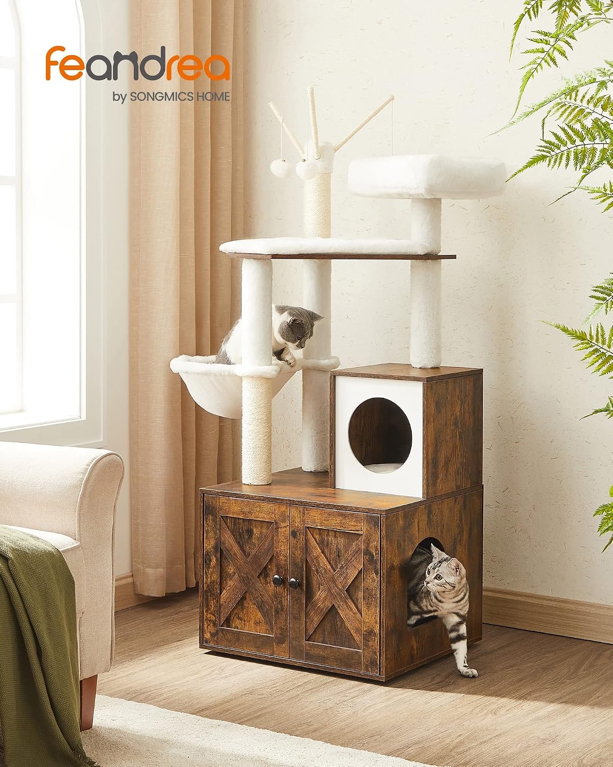 image:imageFeandrea Cat Tree with Litter Box Enclosure 59Inch 2in1 CondoRustic Brown