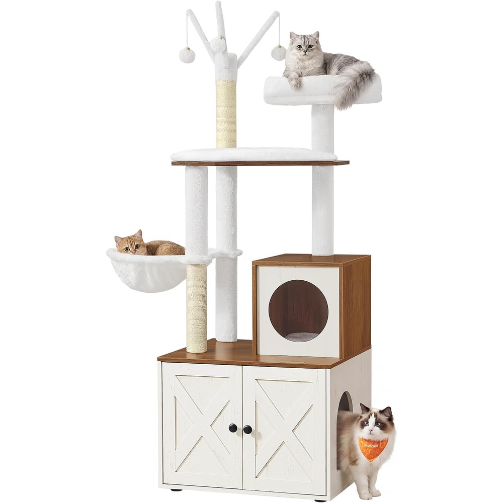 image:imageFeandrea Cat Tree with Litter Box Enclosure 59Inch 2in1 CondoRustic White  Honey Brown