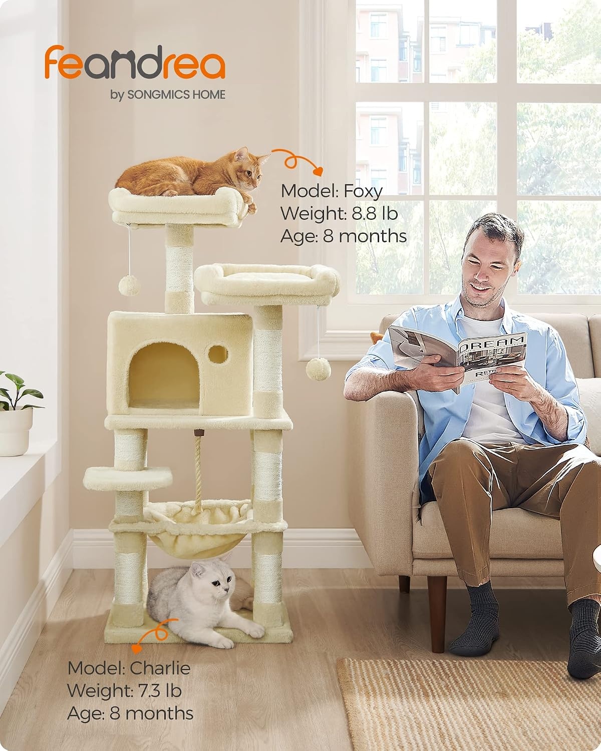 image:imageFeandrea Cat Tree 441Inch MultiLevel Tower 11 Scratching PostsBeige