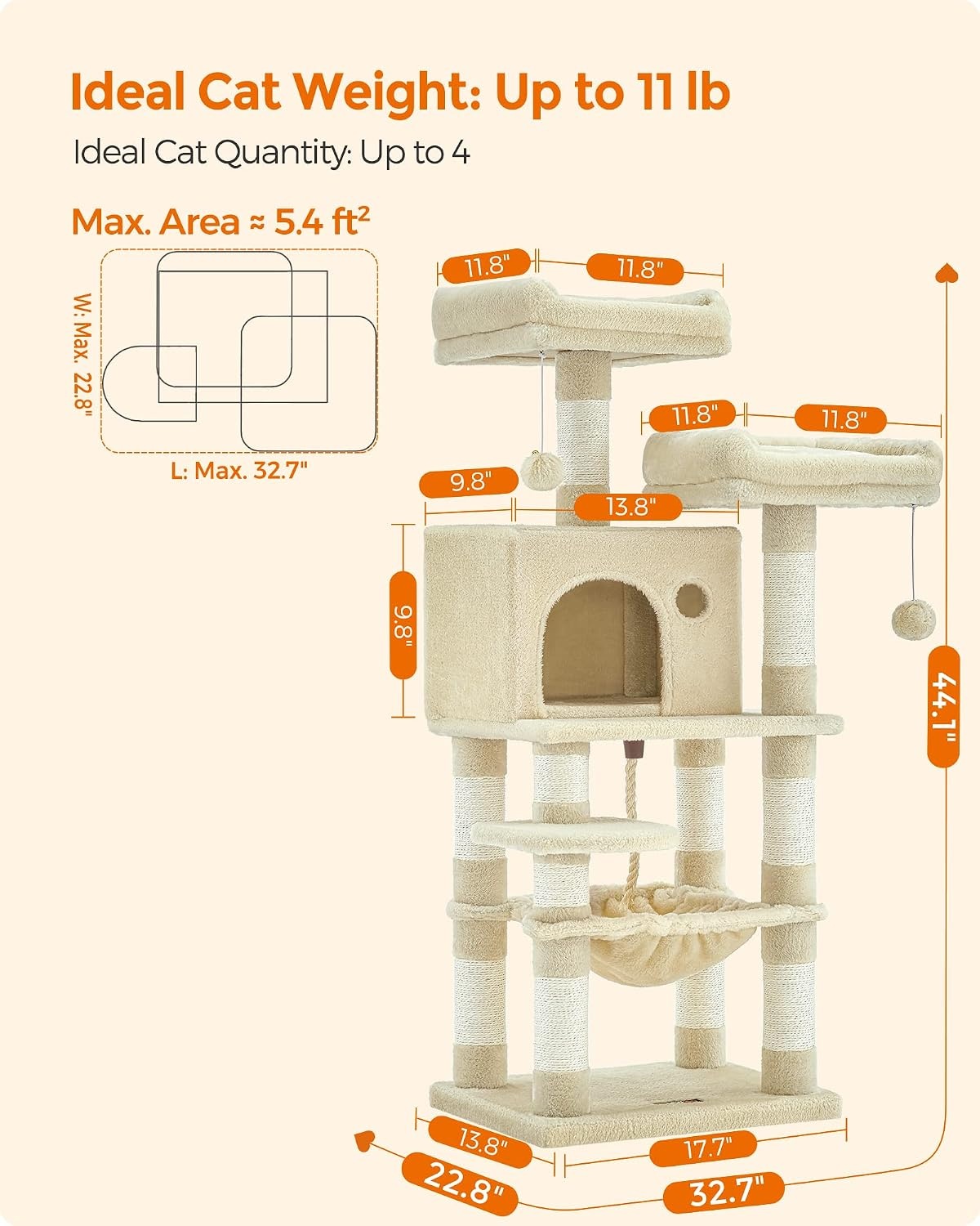 image:imageFeandrea Cat Tree 441Inch MultiLevel Tower 11 Scratching PostsBeige