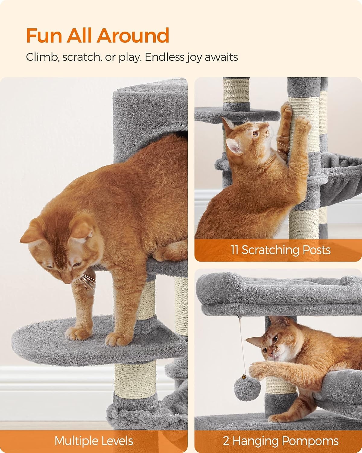 image:imageFeandrea Cat Tree 441Inch MultiLevel Tower 11 Scratching PostsLight Gray