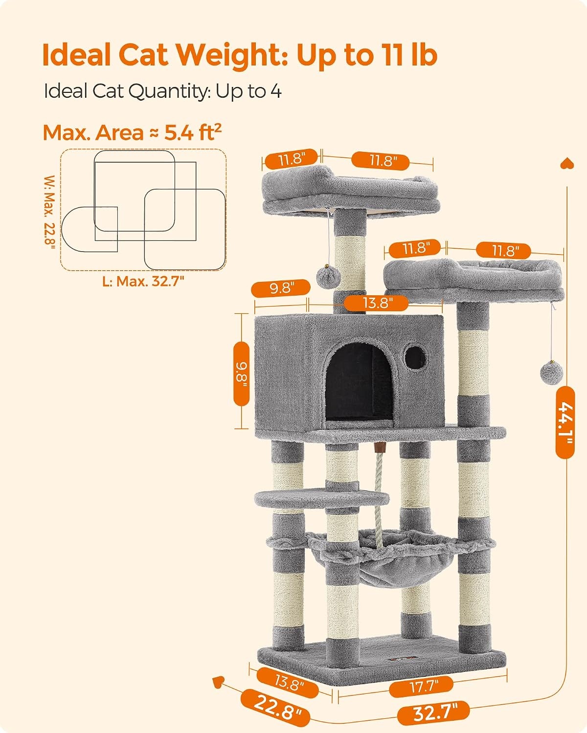 image:imageFeandrea Cat Tree 441Inch MultiLevel Tower 11 Scratching PostsLight Gray
