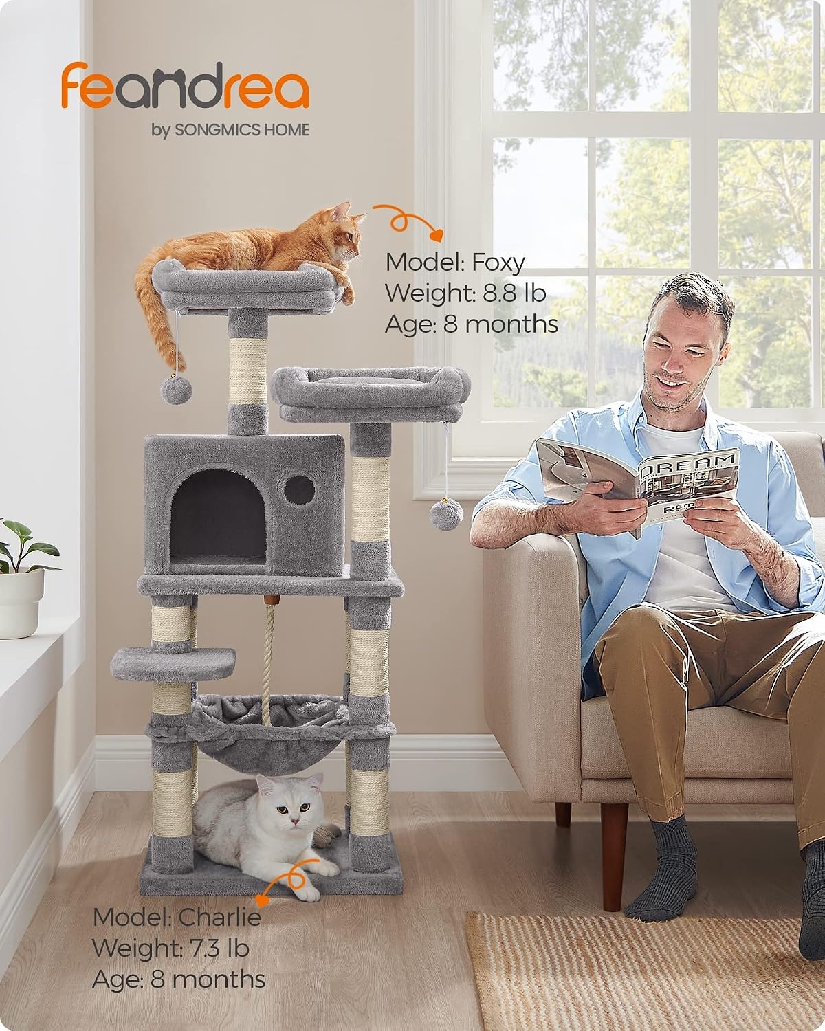 image:imageFeandrea Cat Tree 441Inch MultiLevel Tower 11 Scratching PostsLight Gray