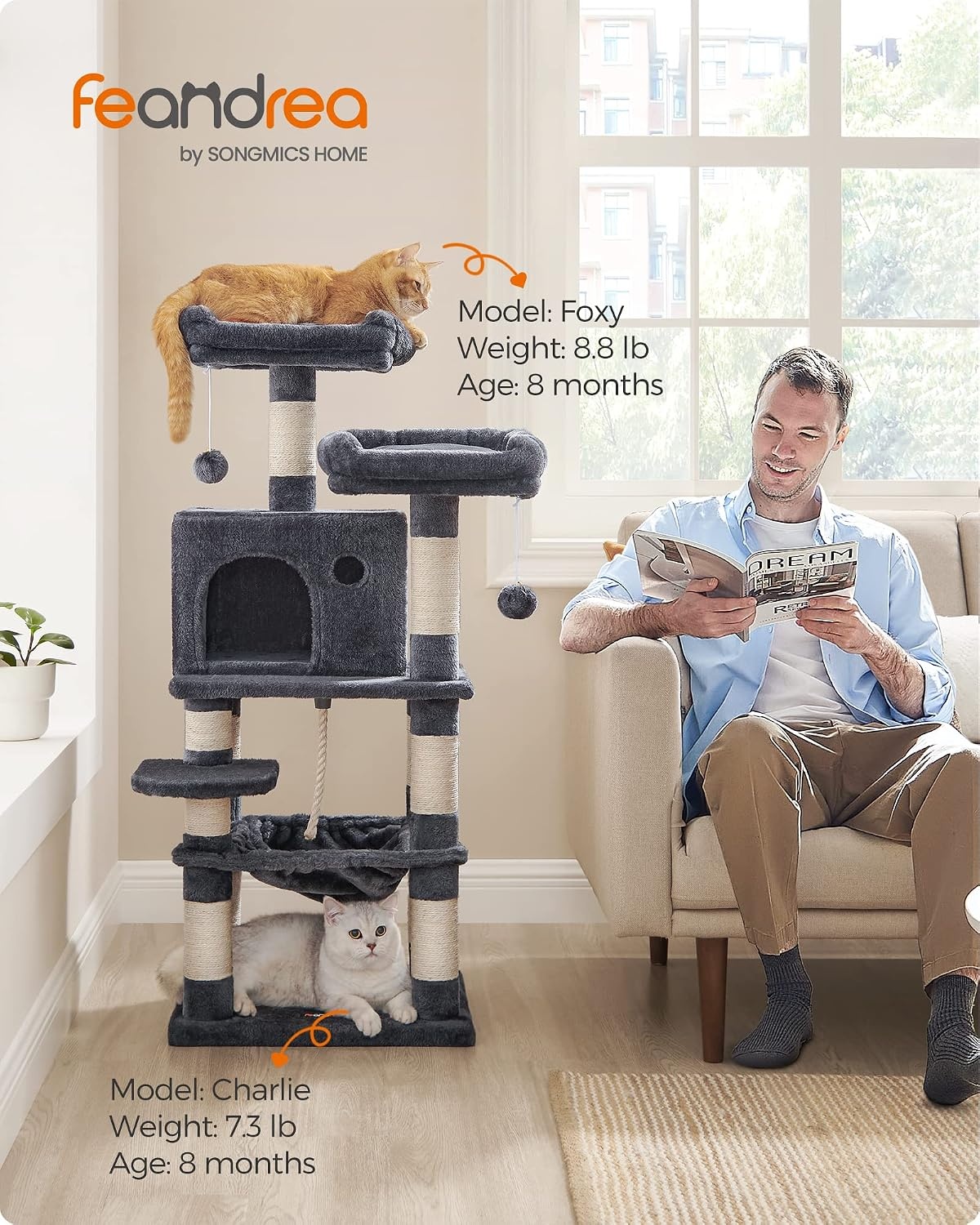 image:imageFeandrea Cat Tree 441Inch MultiLevel Tower 11 Scratching PostsSmoky Gray