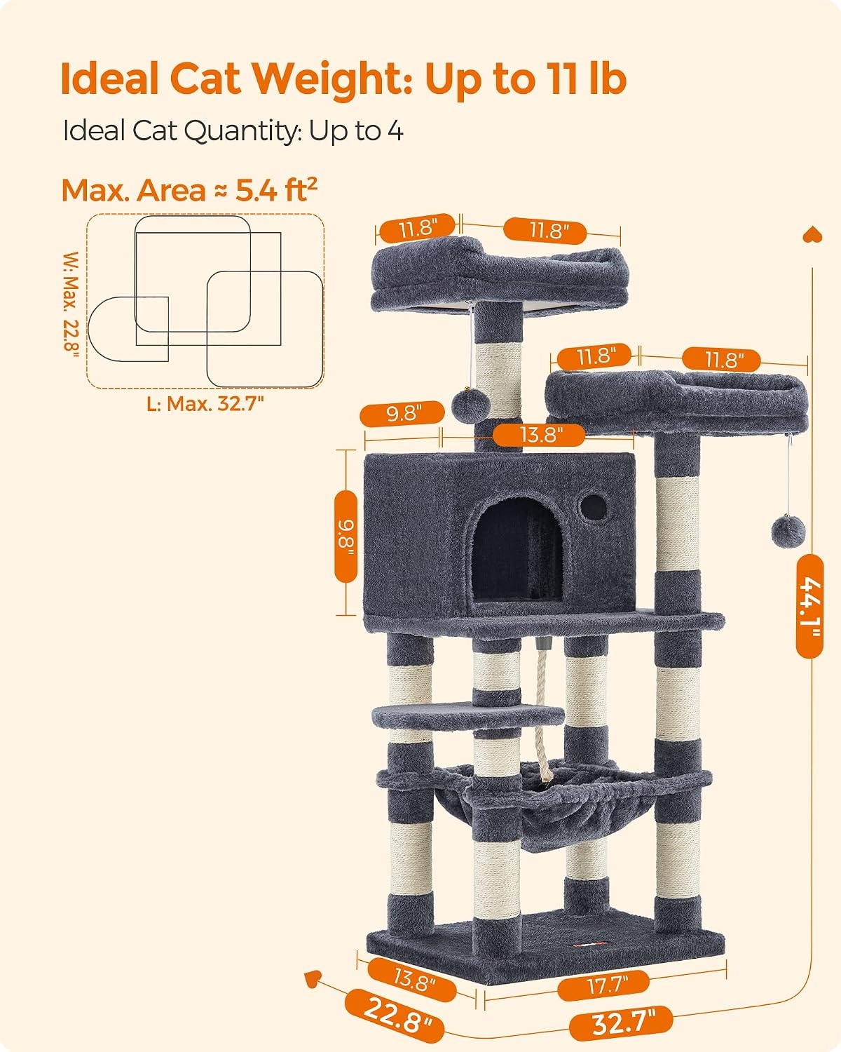 image:imageFeandrea Cat Tree 441Inch MultiLevel Tower 11 Scratching PostsSmoky Gray