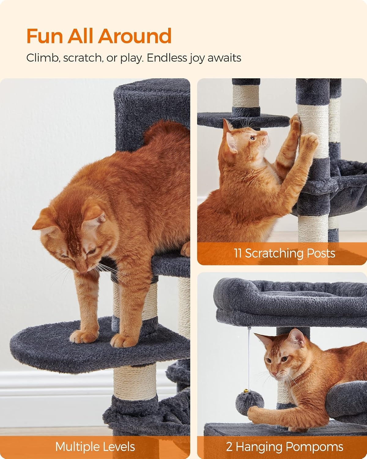 image:imageFeandrea Cat Tree 441Inch MultiLevel Tower 11 Scratching PostsSmoky Gray