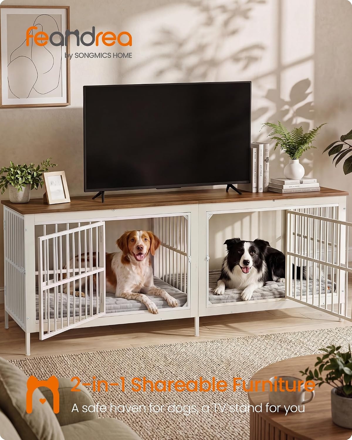 image:imageFeandrea 709 Dog Crate Furniture Heavy Duty Double Dog Cage with DividerHoney Brown Matte White