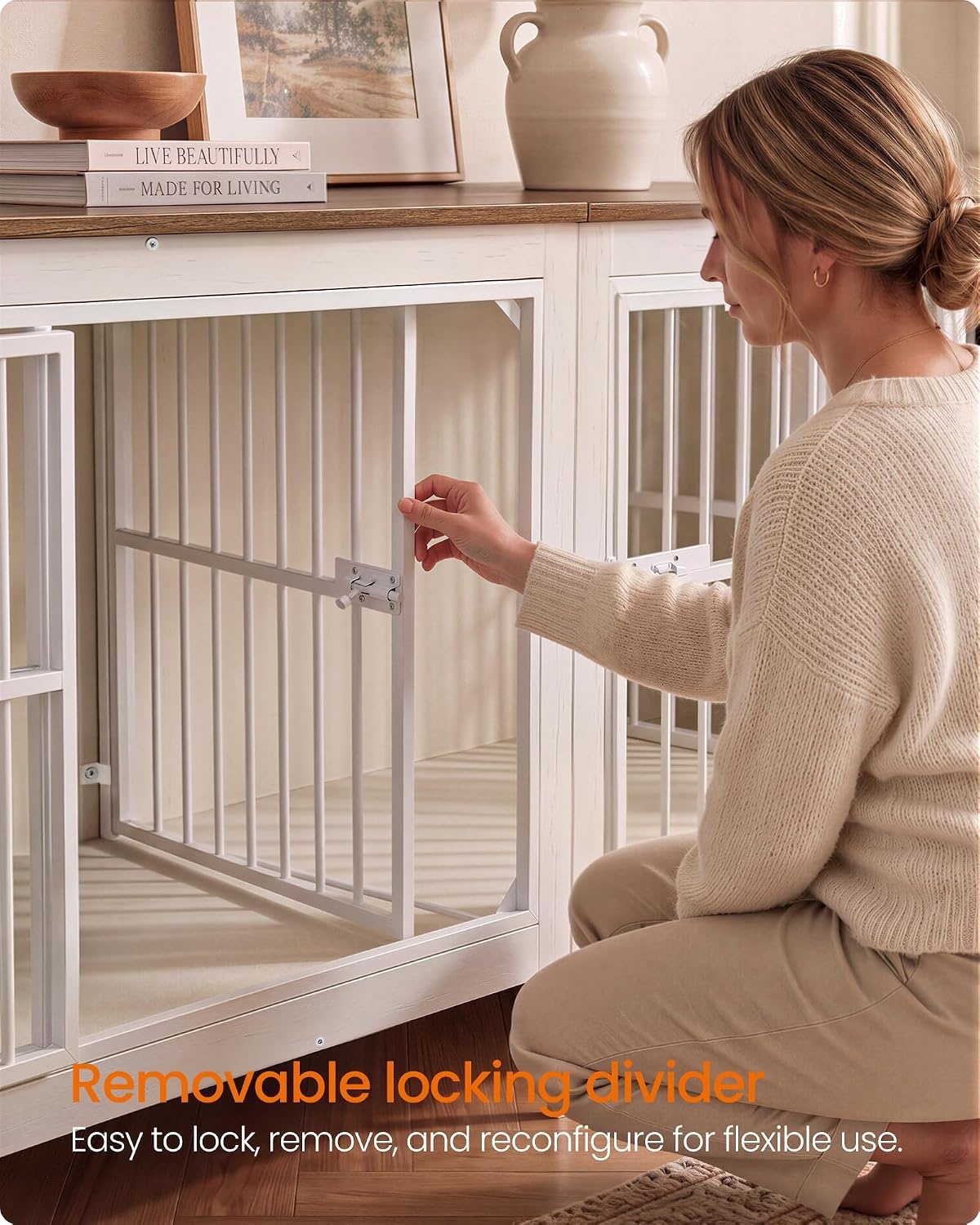 image:imageFeandrea 709 Dog Crate Furniture Heavy Duty Double Dog Cage with DividerHoney Brown Matte White