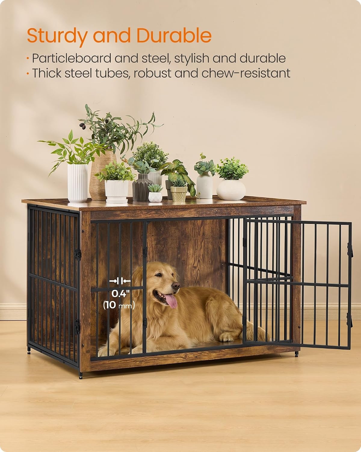 image:imageFeandrea 709 Dog Crate Furniture Heavy Duty Double Dog Cage with DividerHoney Brown Matte White