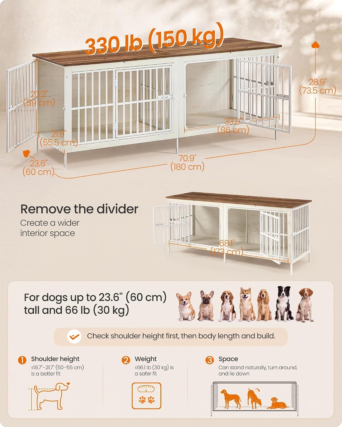 image:imageFeandrea 709 Dog Crate Furniture Heavy Duty Double Dog Cage with DividerHoney Brown Matte White