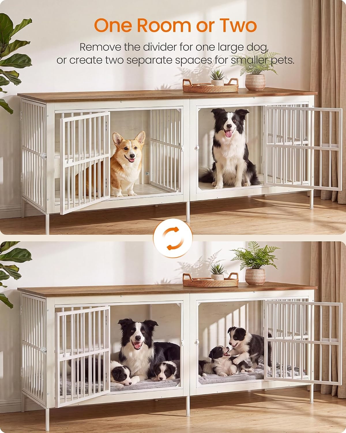 image:imageFeandrea 709 Dog Crate Furniture Heavy Duty Double Dog Cage with DividerHoney Brown Matte White