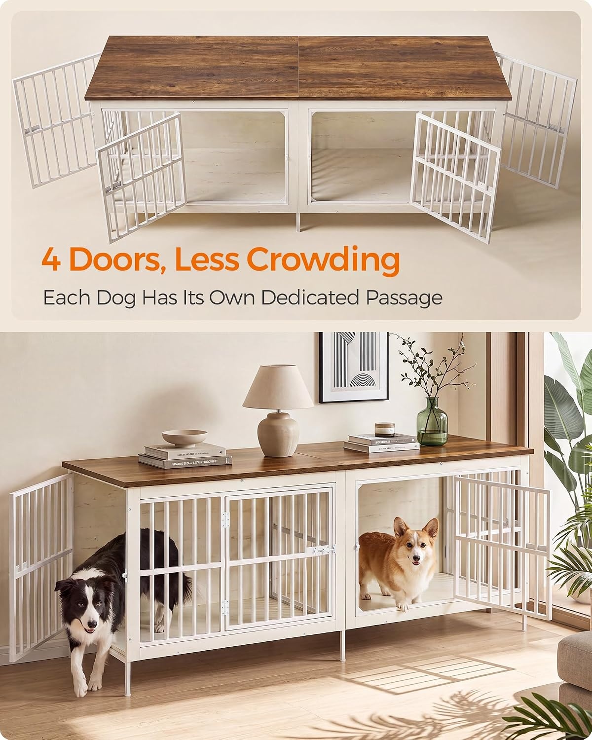image:imageFeandrea 709 Dog Crate Furniture Heavy Duty Double Dog Cage with DividerHoney Brown Matte White