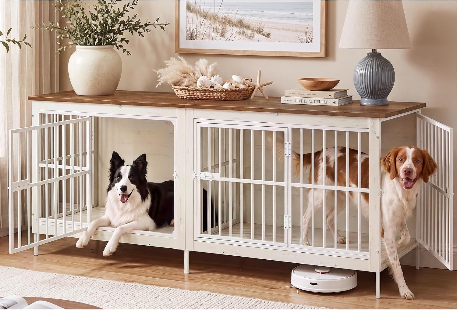 image:imageFeandrea 709 Dog Crate Furniture Heavy Duty Double Dog Cage with DividerHoney Brown Matte White
