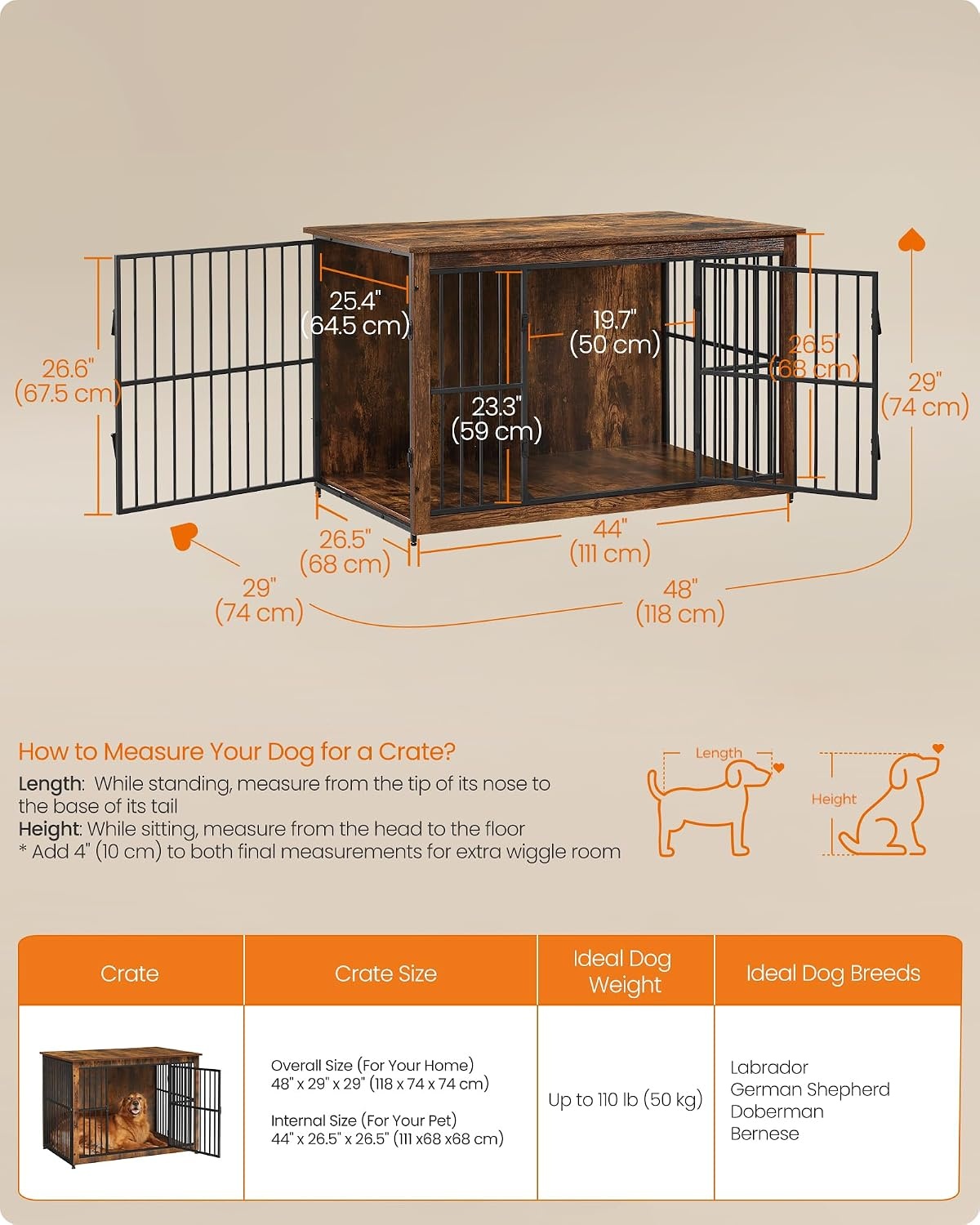 image:imageFeandrea 709 Dog Crate Furniture Heavy Duty Double Dog Cage with DividerHoney Brown Matte White