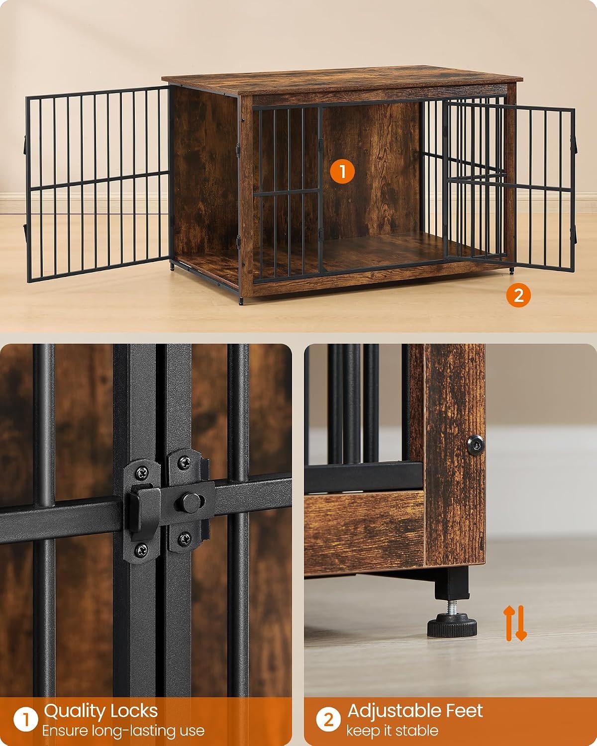 image:imageFeandrea 709 Dog Crate Furniture Heavy Duty Double Dog Cage with DividerHoney Brown Matte White