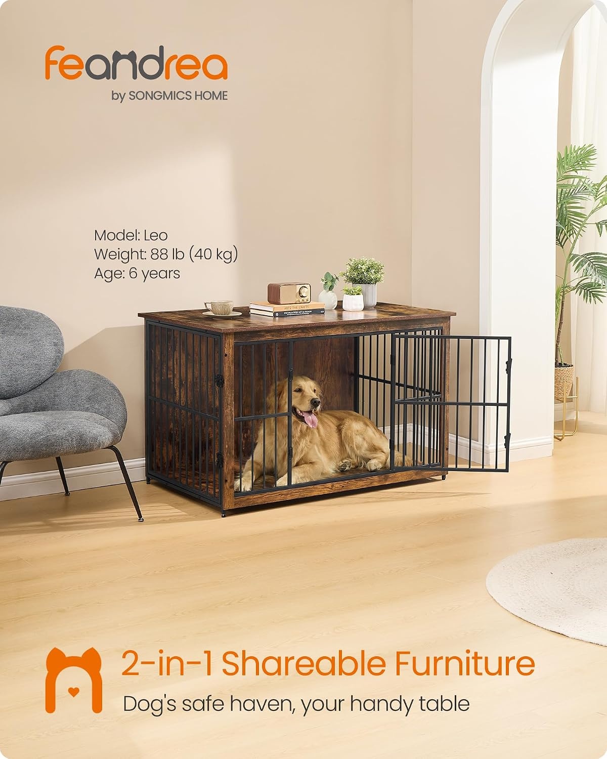 image:imageFeandrea 709 Dog Crate Furniture Heavy Duty Double Dog Cage with DividerHoney Brown Matte White