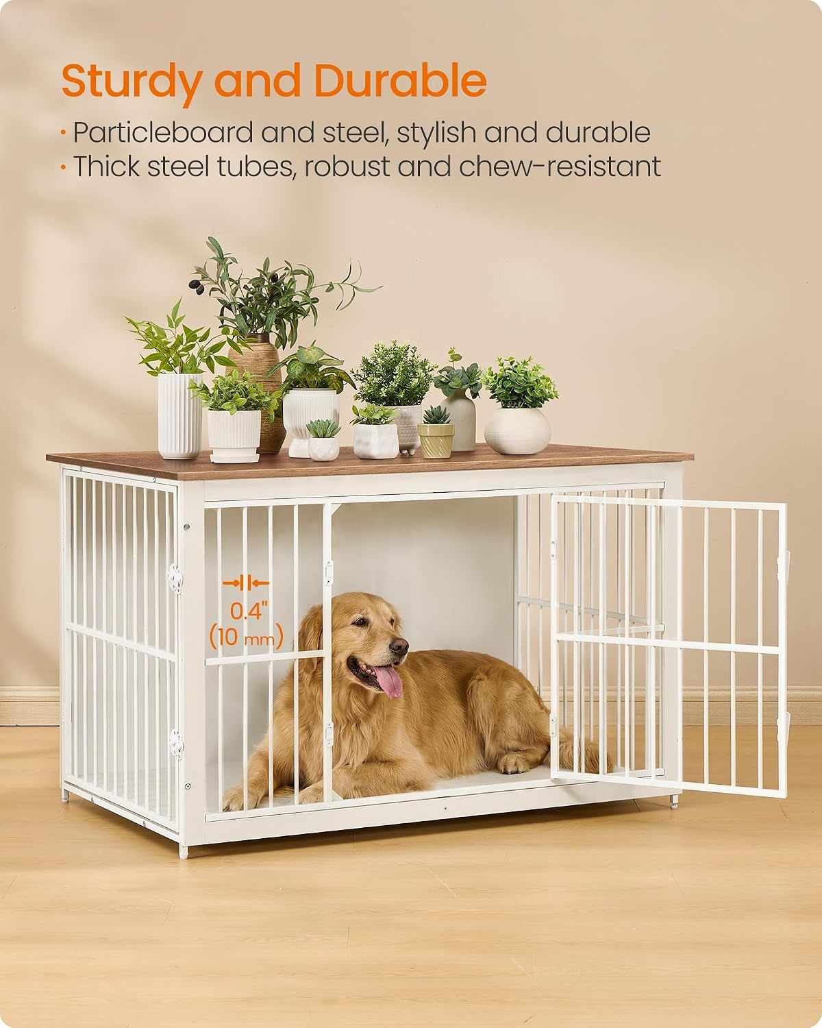 image:imageFeandrea 709 Dog Crate Furniture Heavy Duty Double Dog Cage with DividerRustic White Honey Brown