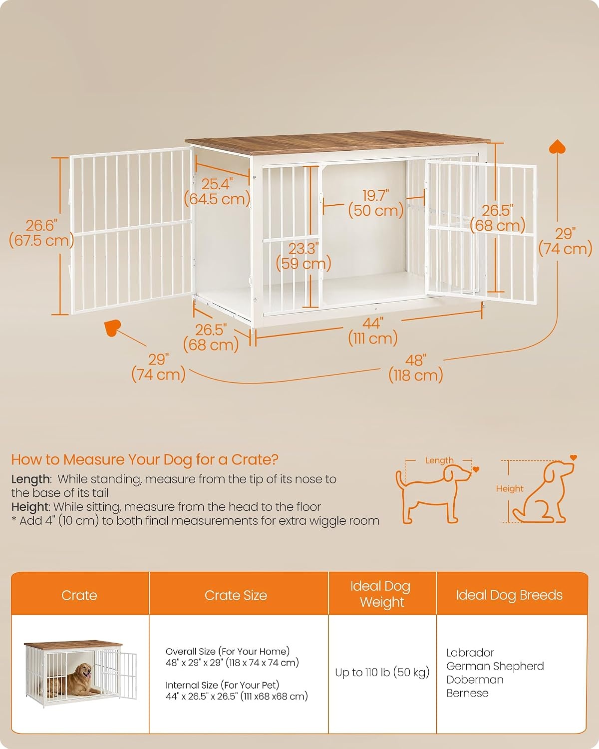 image:imageFeandrea 709 Dog Crate Furniture Heavy Duty Double Dog Cage with DividerRustic White Honey Brown