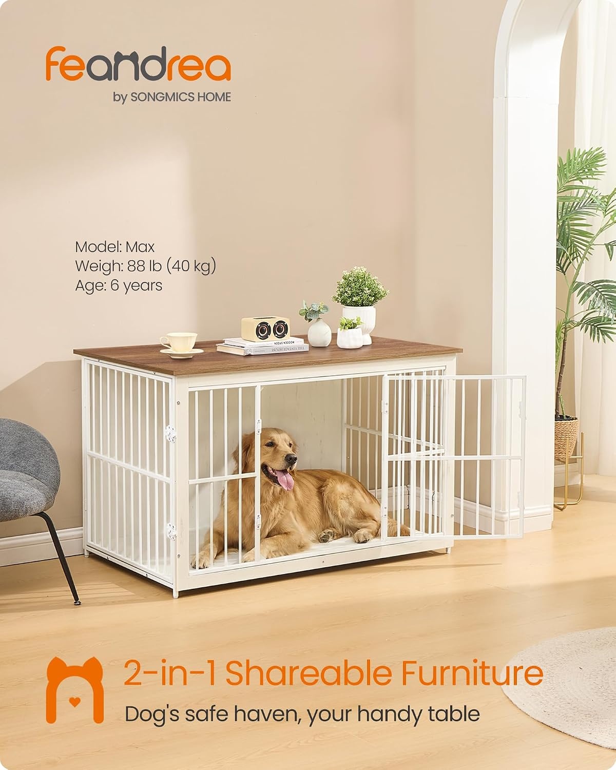 image:imageFeandrea 709 Dog Crate Furniture Heavy Duty Double Dog Cage with DividerRustic White Honey Brown