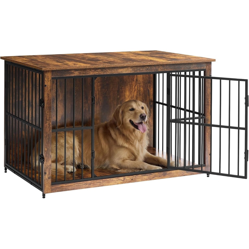 image:imageFeandrea 709 Dog Crate Furniture Heavy Duty Double Dog Cage with DividerHoney Brown  Matte White