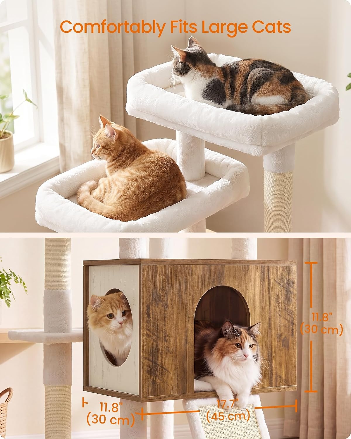 image:imageFeandrea Tall Cat Tree 8Tier Wood Tower with 2 Condos Scratching PostHoney Brown Rustic White