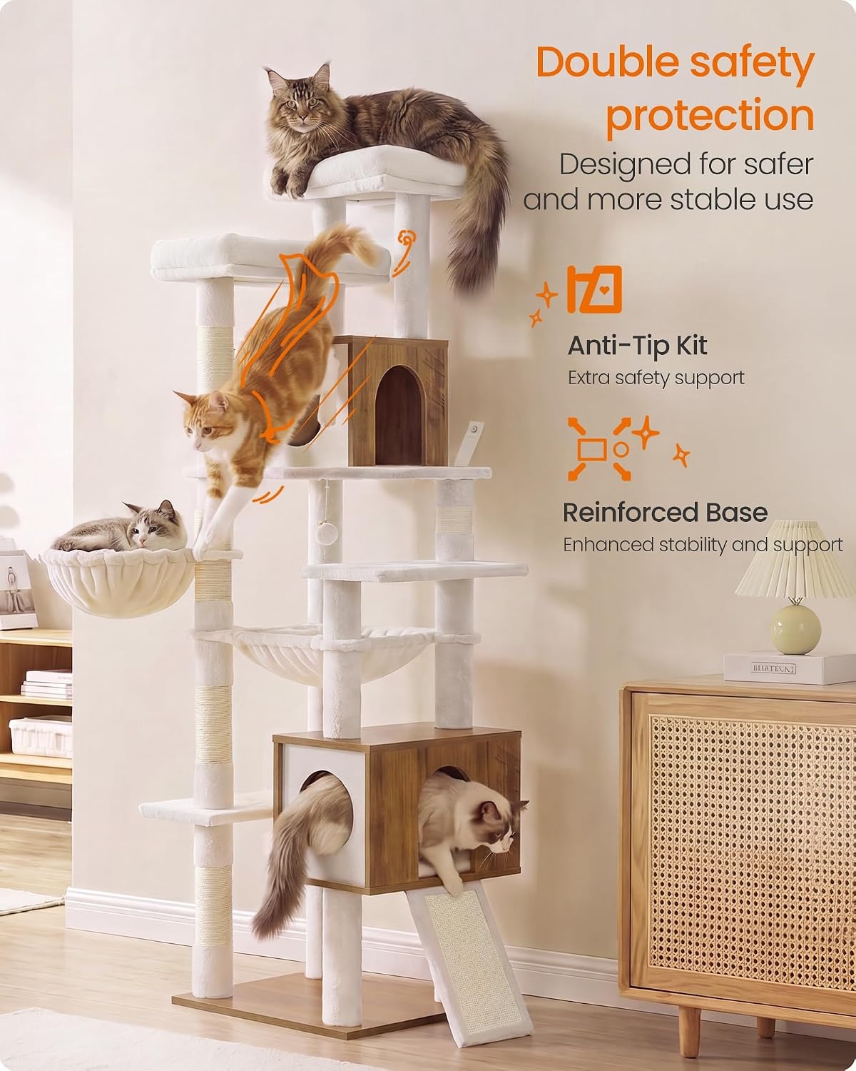 image:imageFeandrea Tall Cat Tree 8Tier Wood Tower with 2 Condos Scratching PostHoney Brown Rustic White