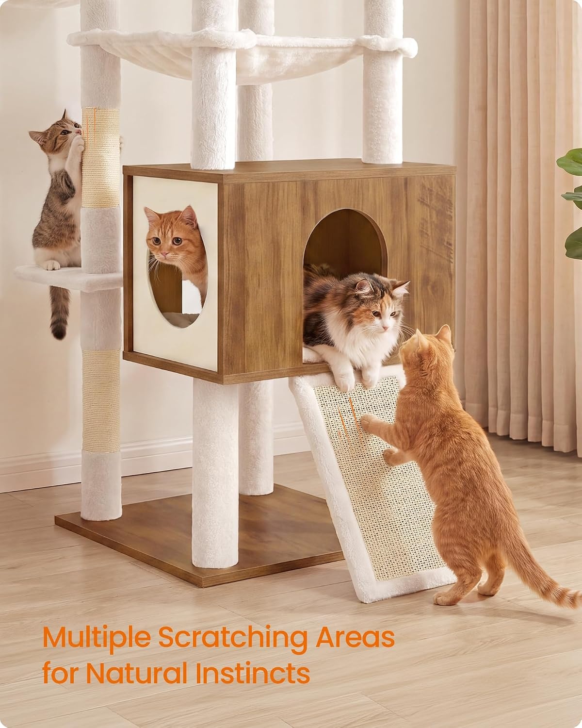 image:imageFeandrea Tall Cat Tree 8Tier Wood Tower with 2 Condos Scratching PostHoney Brown Rustic White