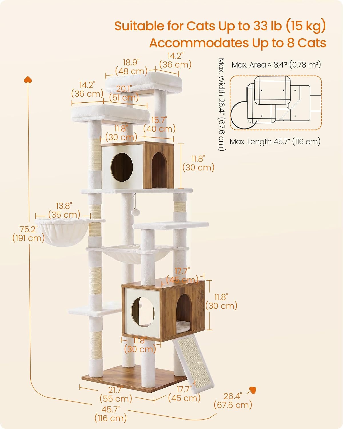image:imageFeandrea Tall Cat Tree 8Tier Wood Tower with 2 Condos Scratching PostHoney Brown Rustic White