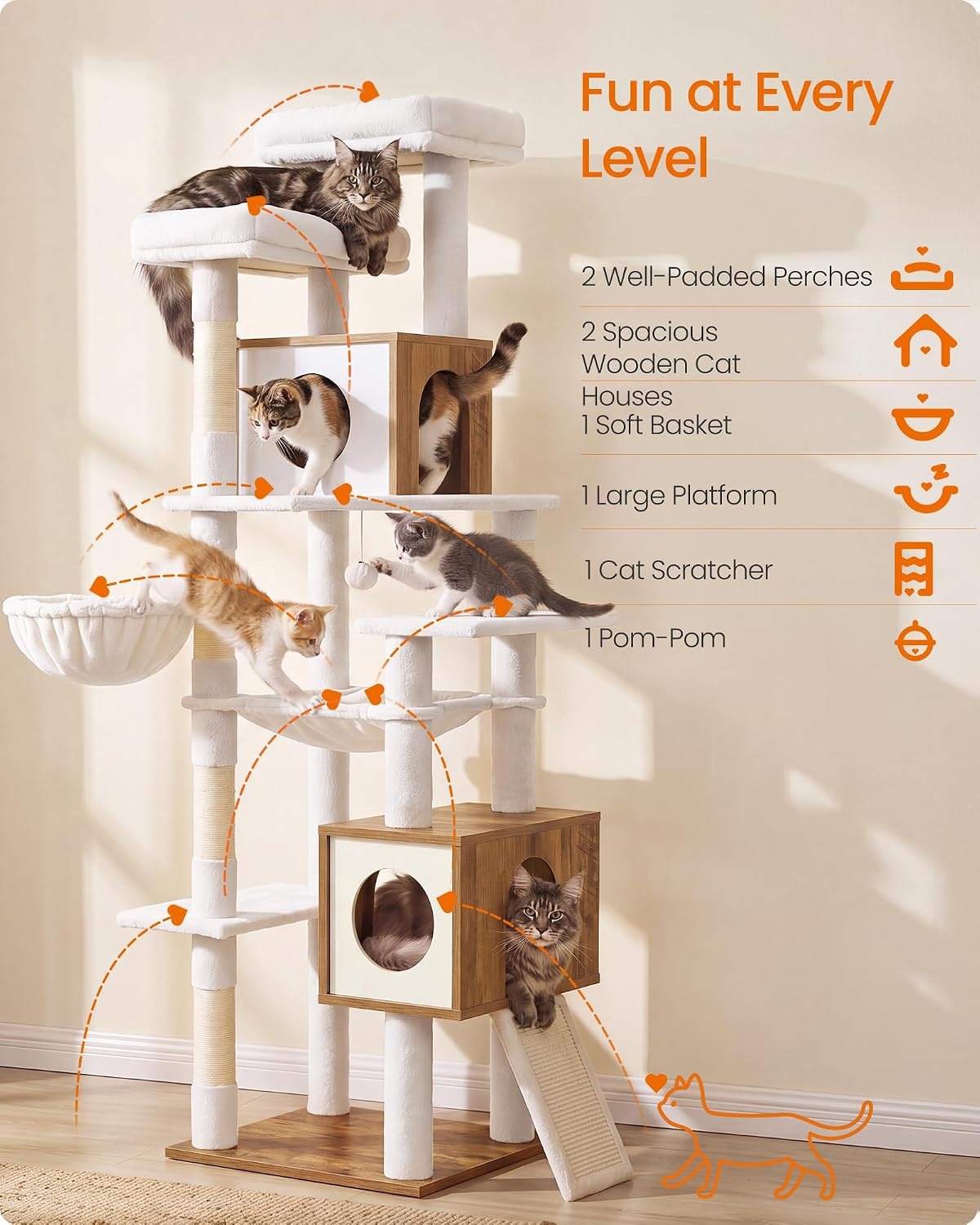 image:imageFeandrea Tall Cat Tree 8Tier Wood Tower with 2 Condos Scratching PostHoney Brown Rustic White