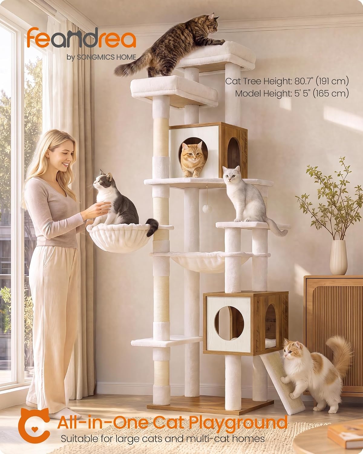 image:imageFeandrea Tall Cat Tree 8Tier Wood Tower with 2 Condos Scratching PostHoney Brown Rustic White