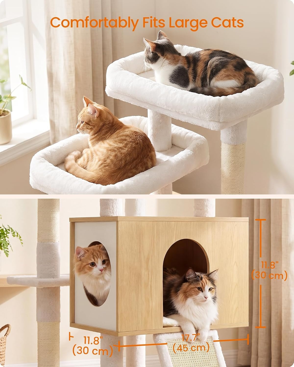 image:imageFeandrea Tall Cat Tree 8Tier Wood Tower with 2 Condos Scratching PostOak Beige Cloud White