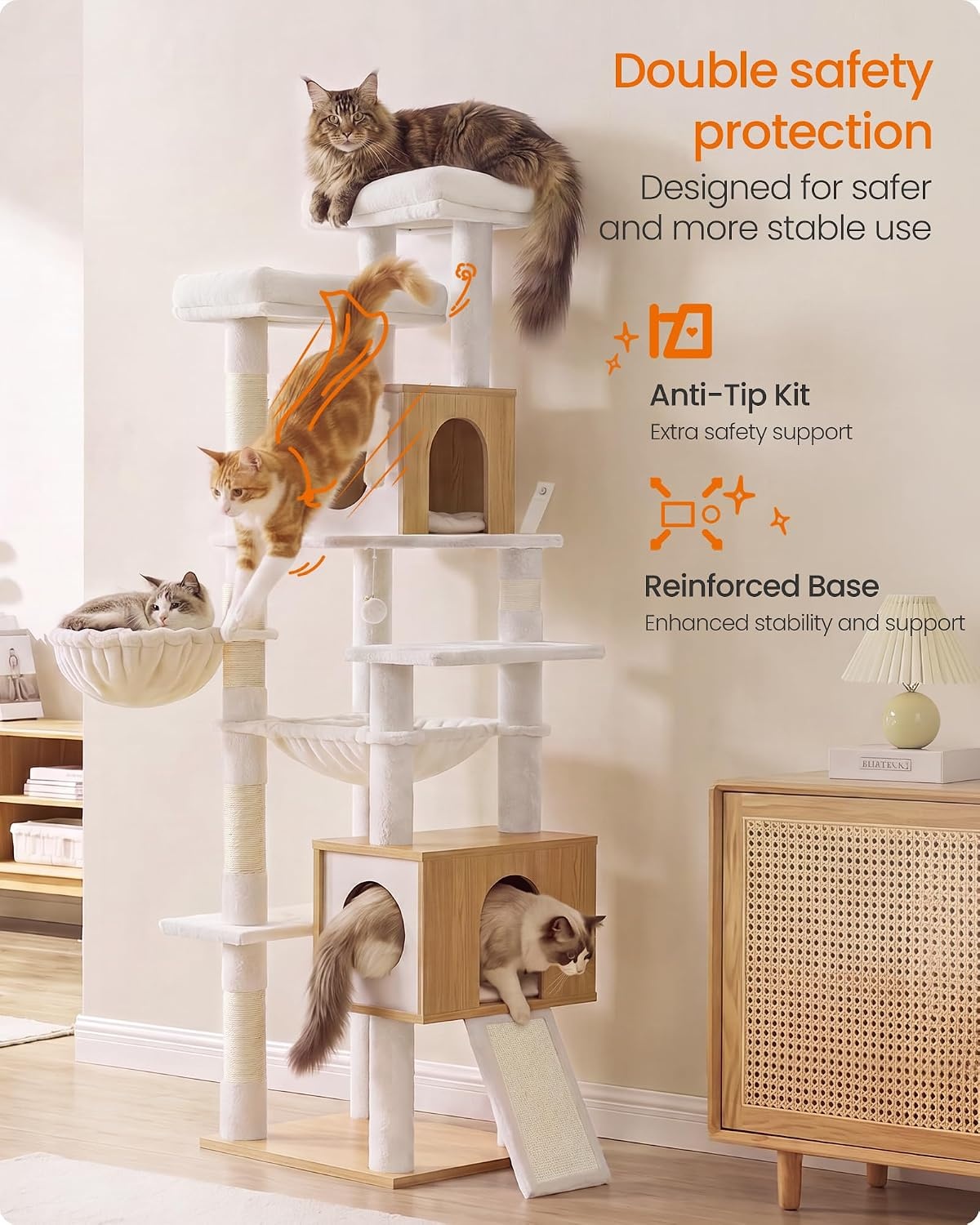 image:imageFeandrea Tall Cat Tree 8Tier Wood Tower with 2 Condos Scratching PostOak Beige Cloud White