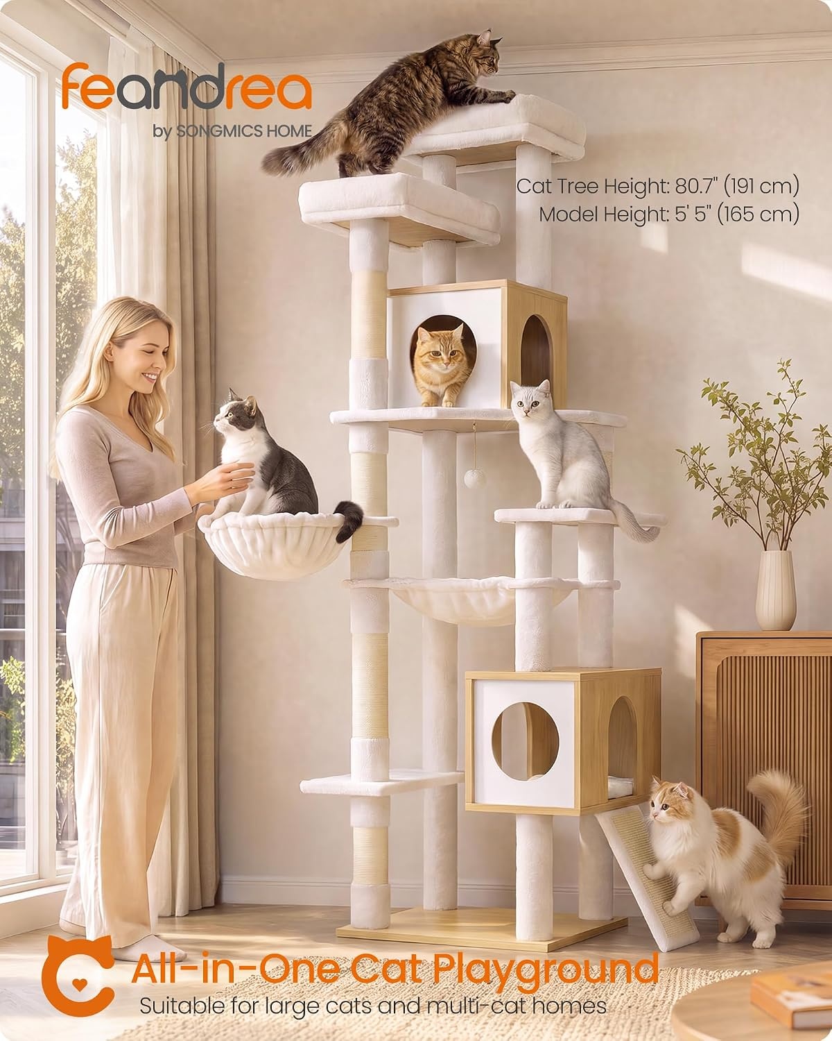 image:imageFeandrea Tall Cat Tree 8Tier Wood Tower with 2 Condos Scratching PostOak Beige Cloud White