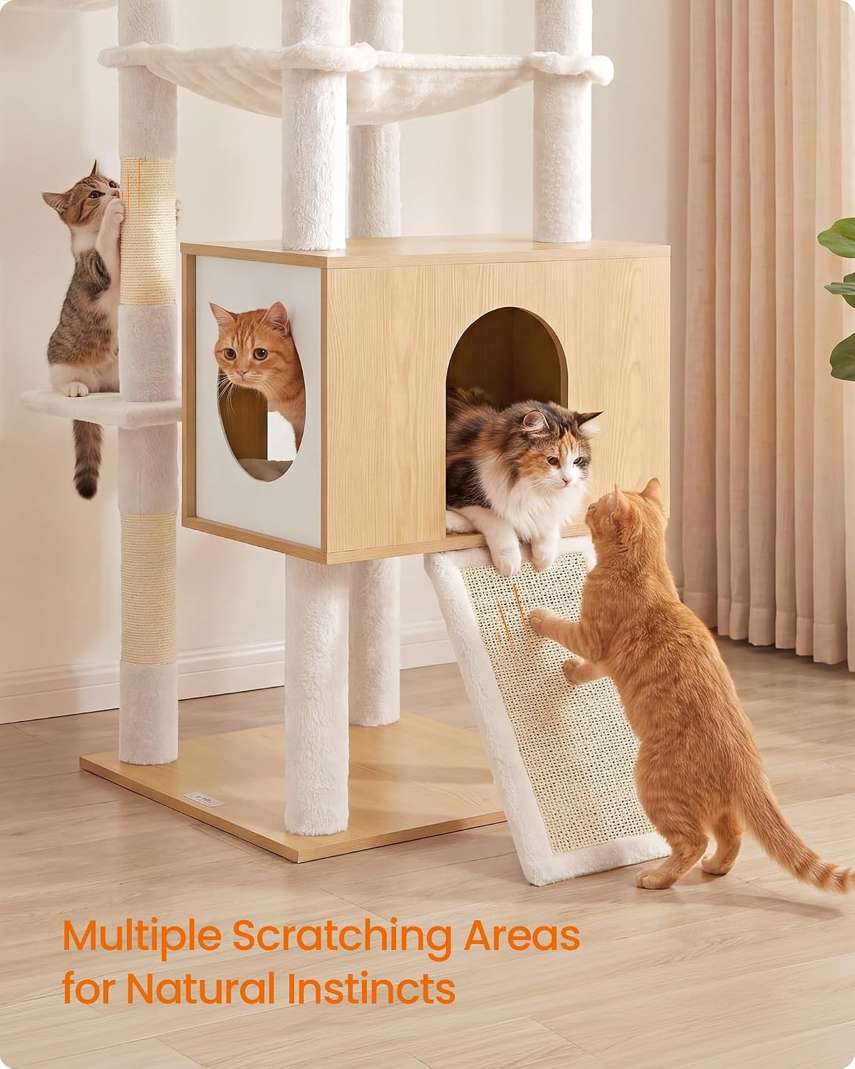 image:imageFeandrea Tall Cat Tree 8Tier Wood Tower with 2 Condos Scratching PostOak Beige Cloud White