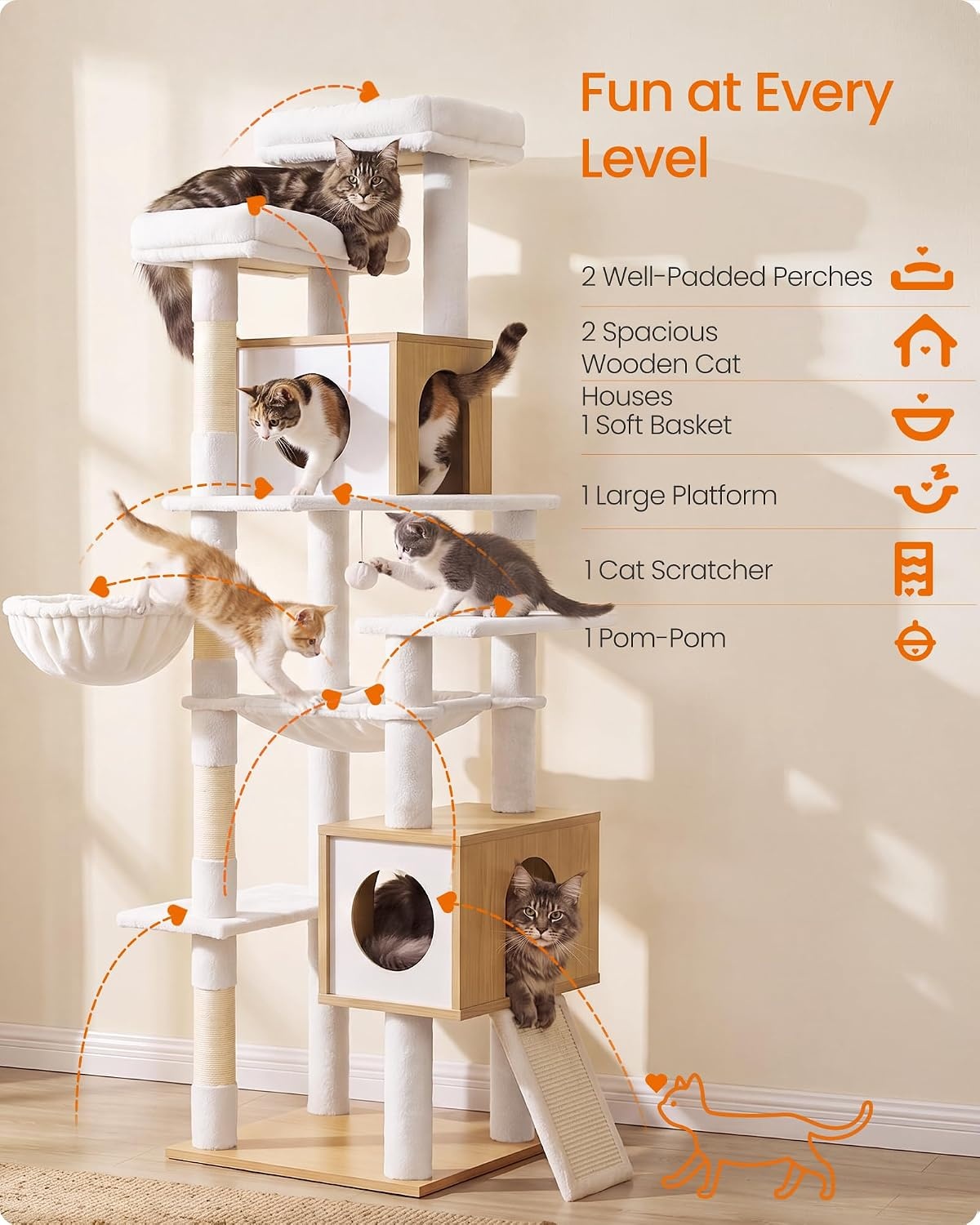 image:imageFeandrea Tall Cat Tree 8Tier Wood Tower with 2 Condos Scratching PostOak Beige Cloud White