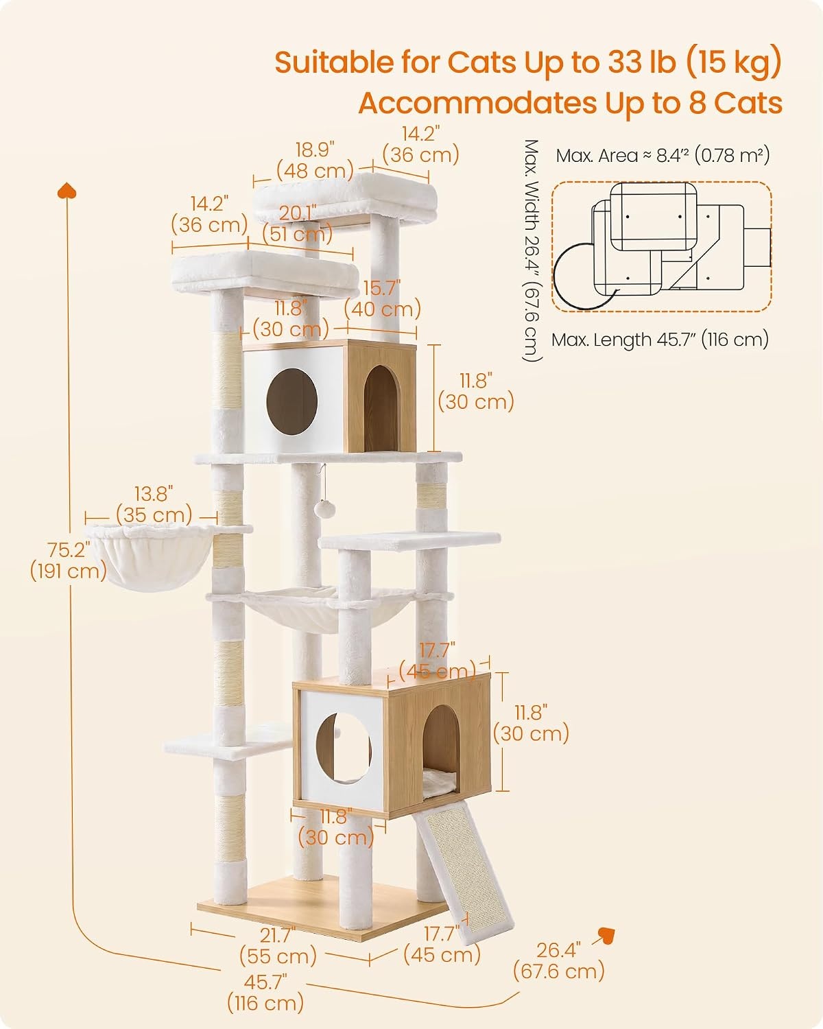image:imageFeandrea Tall Cat Tree 8Tier Wood Tower with 2 Condos Scratching PostOak Beige Cloud White