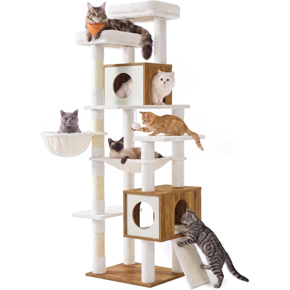 image:imageFeandrea Tall Cat Tree 8Tier Wood Tower with 2 Condos Scratching PostHoney Brown Rustic White