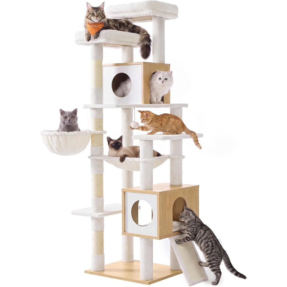 image:imageFeandrea Tall Cat Tree 8Tier Wood Tower with 2 Condos Scratching PostOak Beige Cloud White